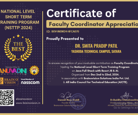 National Level Short Term Training Program Faculty Coordinator Appreciation